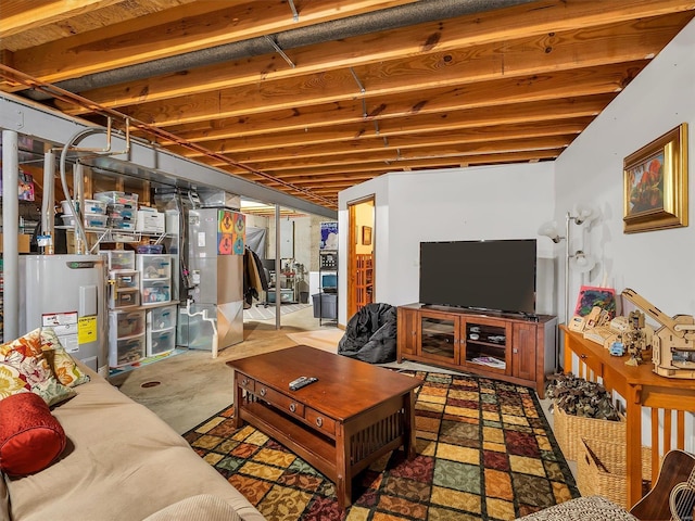 living room featuring water heater and heating unit