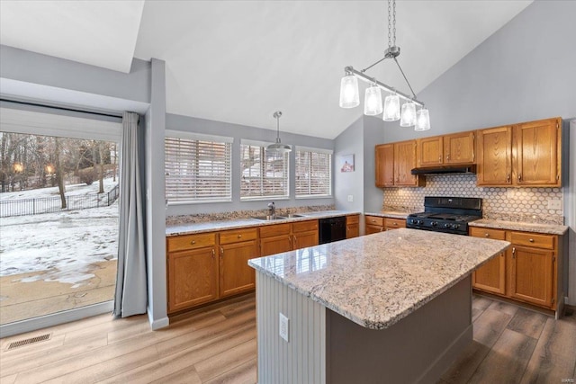 kitchen featuring hanging light fixtures, sink, hardwood / wood-style floors, and black appliances