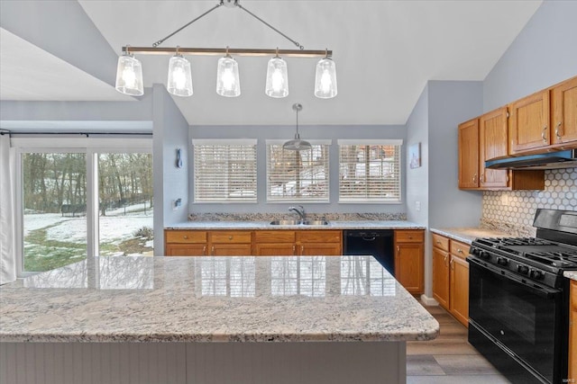 kitchen with sink, black appliances, decorative backsplash, decorative light fixtures, and vaulted ceiling