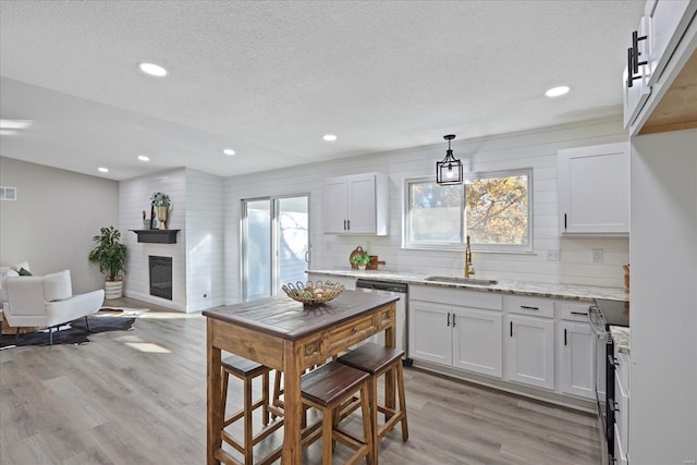 kitchen with light wood-type flooring, stainless steel appliances, sink, pendant lighting, and white cabinetry