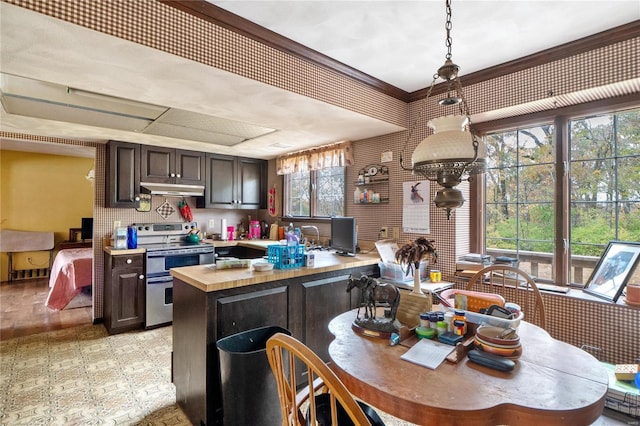 kitchen with dark brown cabinetry, stainless steel electric range, hanging light fixtures, and wood counters