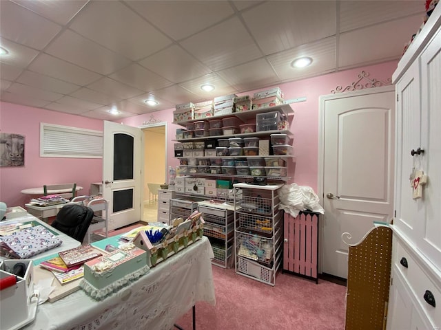 carpeted office space with a drop ceiling