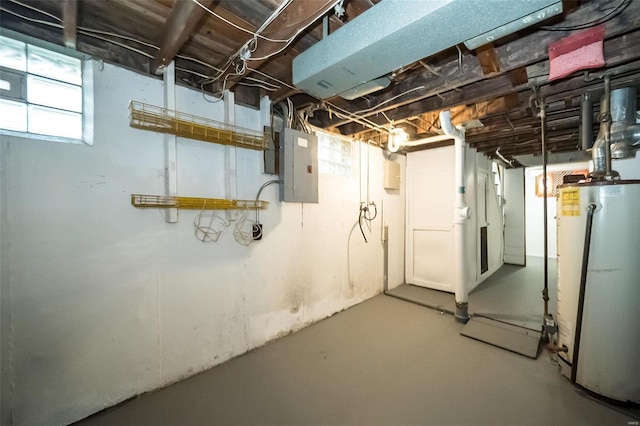 below grade area with water heater and electric panel