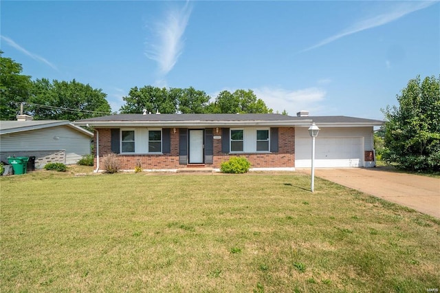 ranch-style house with a front yard and a garage