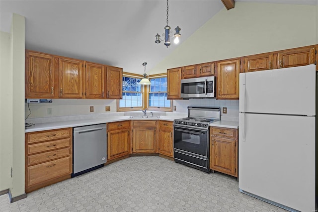 kitchen with stainless steel appliances, sink, high vaulted ceiling, beamed ceiling, and decorative light fixtures