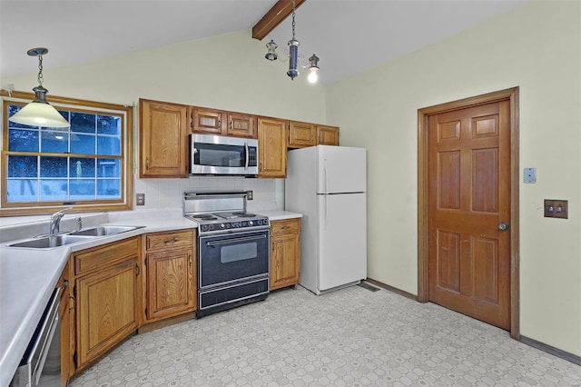 kitchen featuring lofted ceiling with beams, tasteful backsplash, appliances with stainless steel finishes, hanging light fixtures, and sink