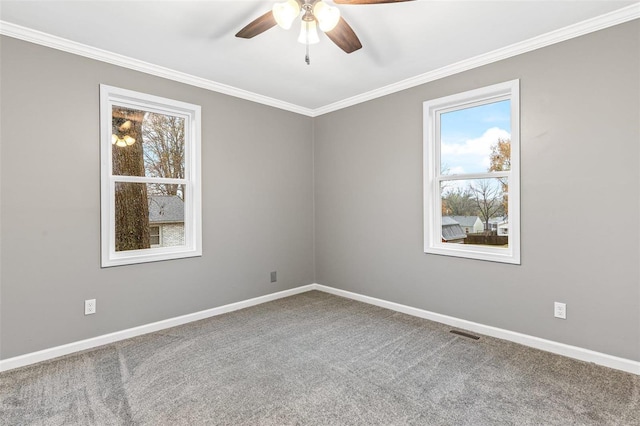 carpeted spare room with ceiling fan and crown molding