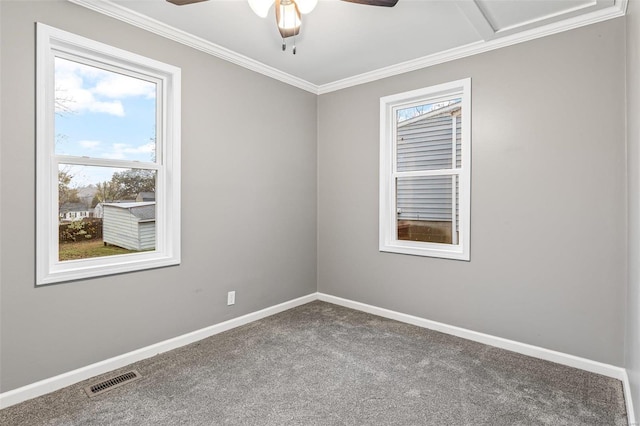 spare room featuring carpet, ceiling fan, and crown molding