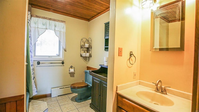 bathroom with a baseboard radiator, wood ceiling, toilet, vanity, and crown molding