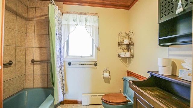 full bathroom with toilet, tile patterned flooring, baseboard heating, shower / bath combination with curtain, and vanity