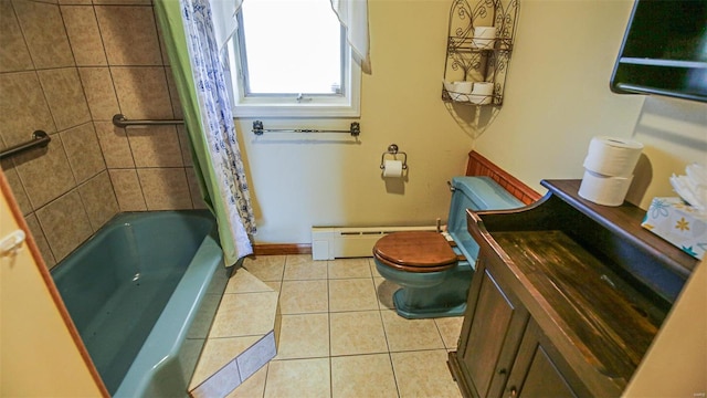 full bathroom with toilet, tile patterned flooring, a baseboard heating unit, shower / tub combo with curtain, and vanity