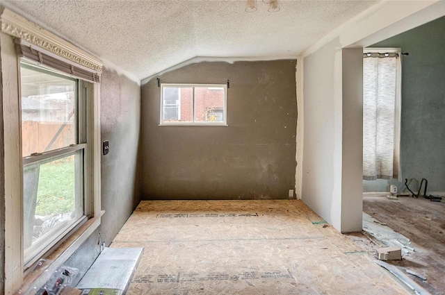 spare room featuring a wealth of natural light, vaulted ceiling, and a textured ceiling