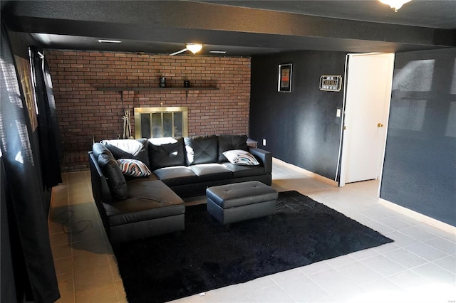 tiled living room with a fireplace