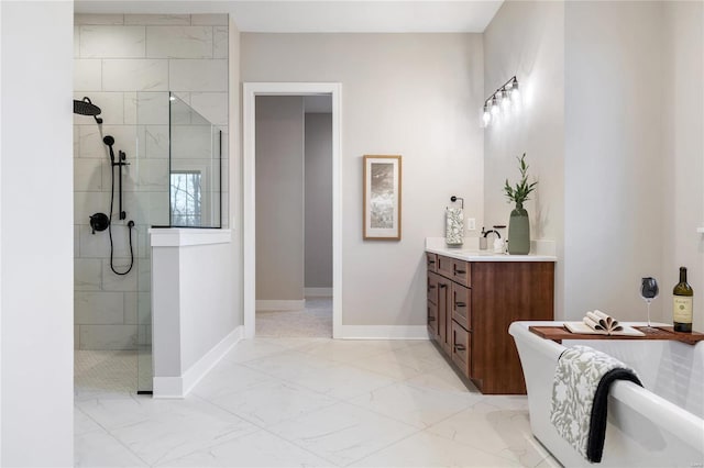 bathroom featuring vanity and plus walk in shower