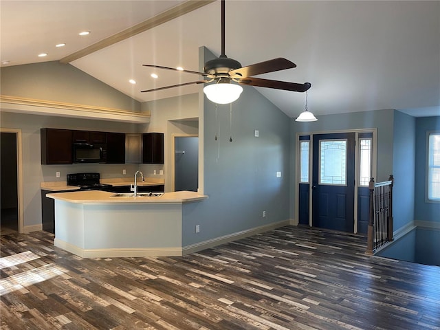 kitchen with dark hardwood / wood-style flooring, dark brown cabinetry, sink, black appliances, and high vaulted ceiling