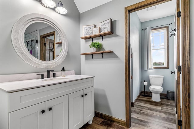 bathroom featuring hardwood / wood-style flooring, vanity, and toilet