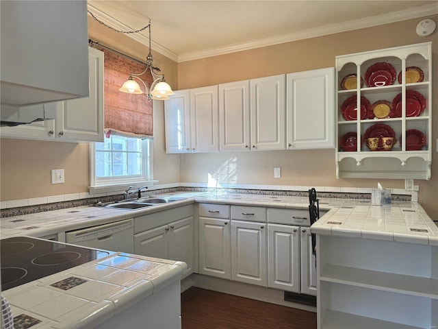 kitchen featuring tile countertops, a sink, white cabinetry, and dishwasher