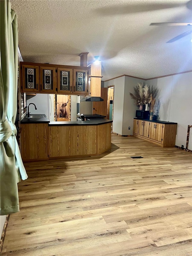 kitchen featuring sink, kitchen peninsula, a textured ceiling, and light hardwood / wood-style floors