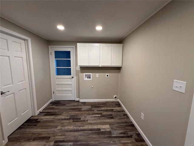 laundry area featuring ornamental molding, dark hardwood / wood-style floors, hookup for an electric dryer, hookup for a washing machine, and hookup for a gas dryer