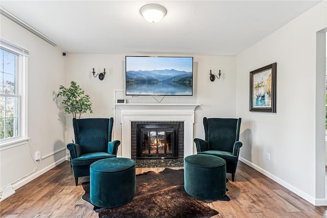 living area with a fireplace and hardwood / wood-style floors