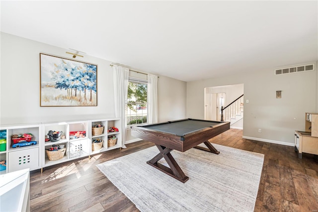 rec room featuring dark wood-type flooring and billiards