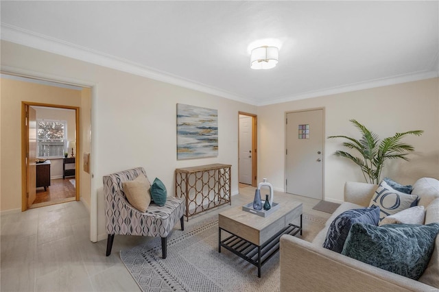 living area featuring baseboards and crown molding