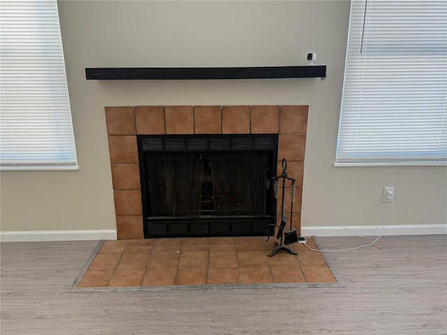 details featuring wood-type flooring and a fireplace