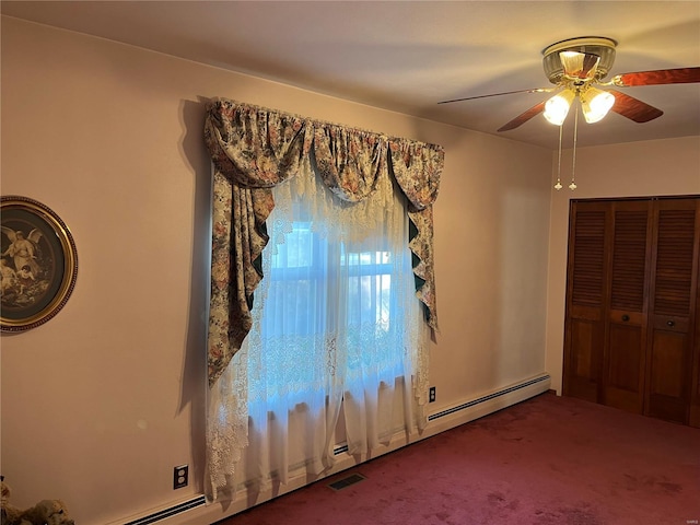 unfurnished bedroom with a closet, carpet flooring, and ceiling fan