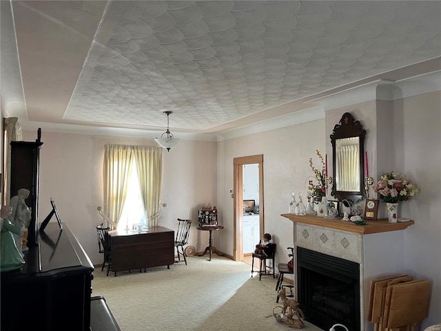 living area featuring carpet floors and a fireplace