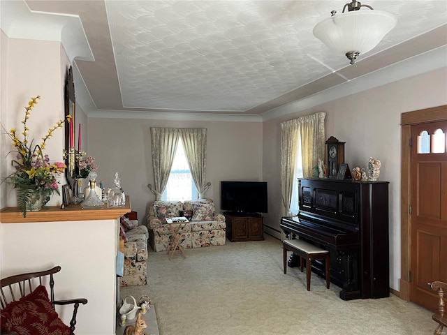 living area with a textured ceiling and carpet flooring