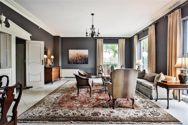 dining space with ornamental molding and a chandelier