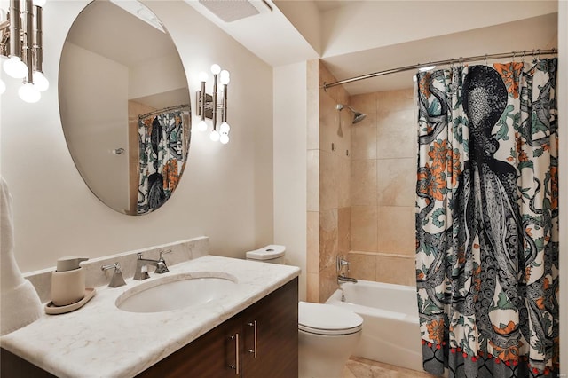 full bathroom featuring toilet, vanity, and shower / bath combo with shower curtain