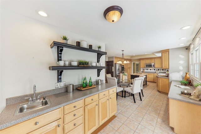 kitchen with light tile patterned flooring, a sink, open shelves, stainless steel microwave, and pendant lighting