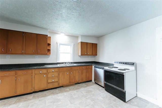 kitchen featuring a textured ceiling, white electric stove, sink, and stainless steel dishwasher