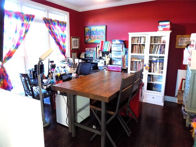 office with dark hardwood / wood-style floors and crown molding