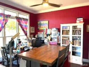 home office with ornamental molding and ceiling fan