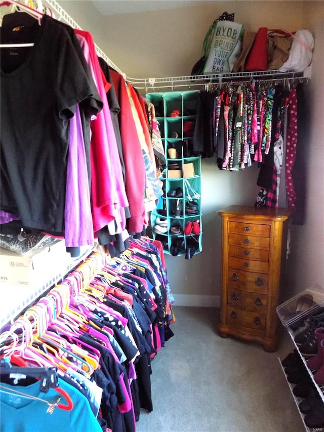 walk in closet featuring carpet flooring