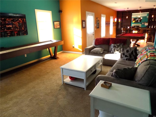 carpeted living room featuring billiards