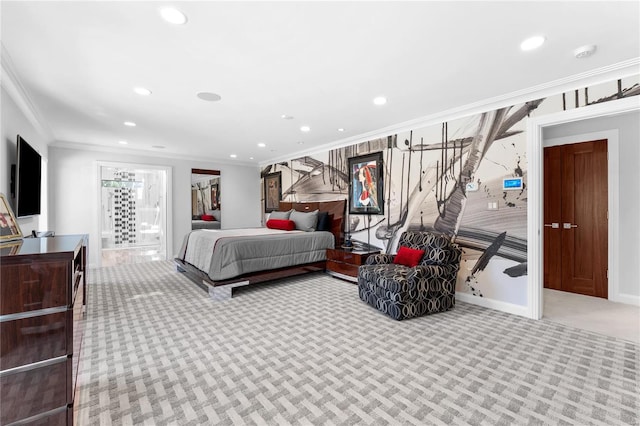 bedroom featuring light colored carpet and ornamental molding