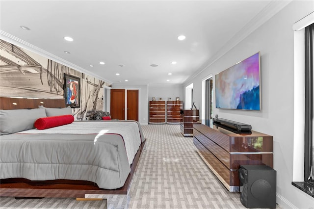 carpeted bedroom featuring crown molding