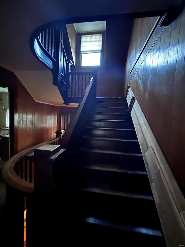 stairs with wood walls