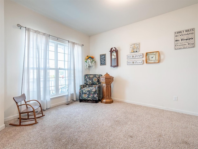 sitting room featuring carpet flooring