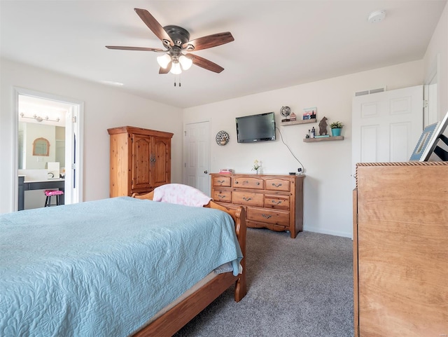 carpeted bedroom featuring ceiling fan