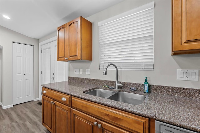 kitchen featuring sink, stainless steel dishwasher, and light hardwood / wood-style flooring