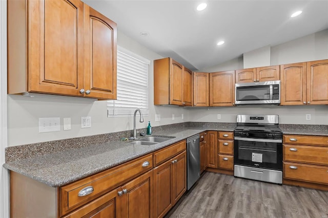 kitchen with lofted ceiling, appliances with stainless steel finishes, sink, and dark hardwood / wood-style flooring