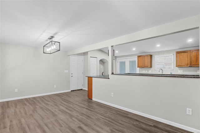 unfurnished living room with hardwood / wood-style flooring and sink