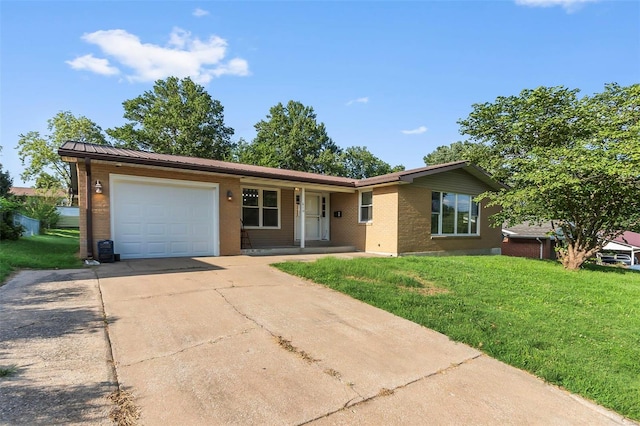 ranch-style house with a front yard and a garage