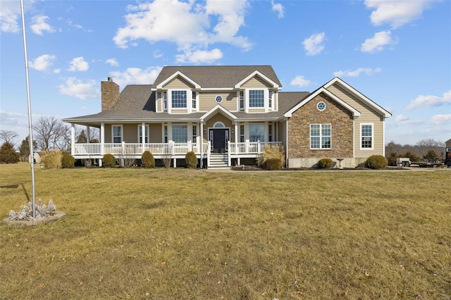 view of front of house with stone siding, a chimney, a front lawn, and a porch