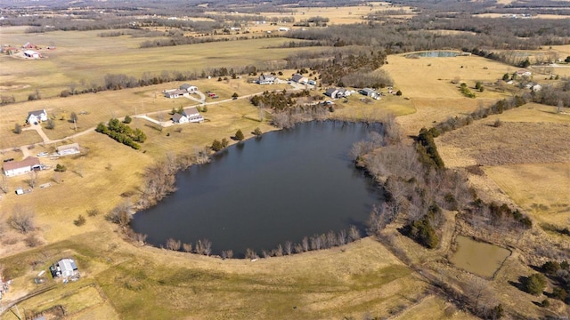 bird's eye view featuring a rural view and a water view