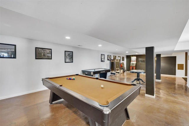 rec room featuring recessed lighting, pool table, concrete floors, and baseboards